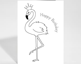 Cartão de aniversário para colorir com flamingo para crianças, cartão para colorir imprimível, download instantâneo