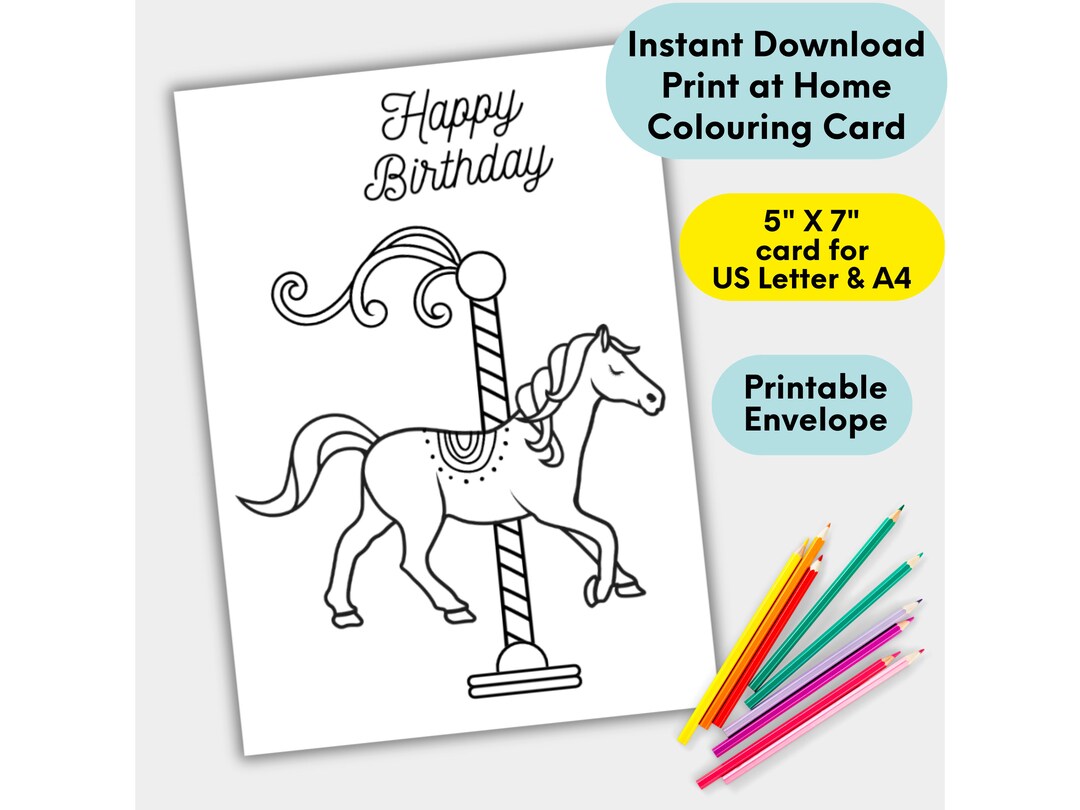 Carousel Horse Birthday Coloring Card for Kids Printable Merry Go Round ...