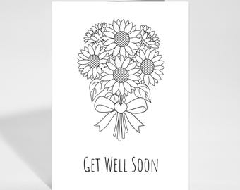 Biglietto di auguri di pronta guarigione con girasole da colorare, biglietto da colorare stampabile, guarisci presto, download immediato