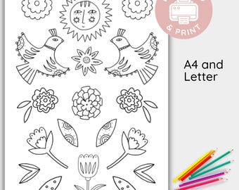 Mexican Style Coloring Page, Printable Folk Art Colouring Sheet, Instant Download