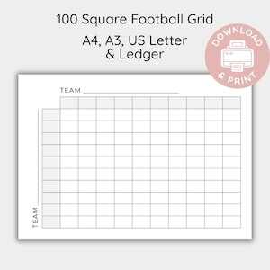 Può includere: Una griglia di football da 100 quadrati con linee nere su sfondo bianco. Il testo recita 100 Square Football Grid, A4, A3, US Letter & Ledger, e Download & Print. La griglia presenta linee per le squadre per tenere traccia dei punteggi.