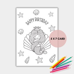 Carte d'anniversaire à colorier sirène pour enfants, carte à colorier imprimable, carte de sirène, carte d'anniversaire de filles à colorier, téléchargement immédiat