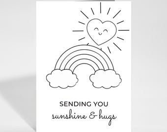 Biglietto da colorare "Penso a te", biglietto da colorare stampabile "Invio sole e abbracci" con arcobaleno, download immediato
