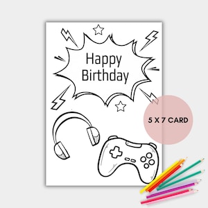 Carte d'anniversaire à colorier pour les enfants, jeu vidéo imprimable à colorier, carte de jeu, téléchargement immédiat