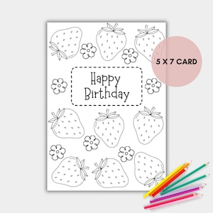 Cartão de aniversário para colorir de morango, cartão de aniversário para colorir para imprimir, cartão de morango, cartão de aniversário para colorir, download instantâneo