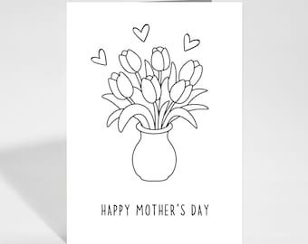 Mother's Day Coloring Card, Printable Tulip Mother's Day Card, Instant Download