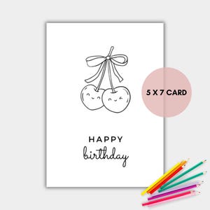 Carte d'anniversaire à colorier cerise, carte à colorier kawaii imprimable pour les enfants, téléchargement immédiat