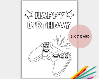 Gamer Coloring Birthday Card for Kids, Printable Video Game Coloring Card, Gaming Card, Instant Download