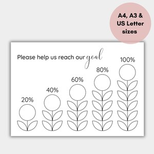 May include: A white printable goal tracker with a floral design. The tracker includes percentages from 20% to 100% and the text "Please help us reach our goal." The sizes are A4, A3 & US Letter.