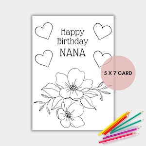 Tarjeta de cumpleaños para colorear de Nana, tarjeta imprimible para colorear de abuela, tarjeta de Nana, feliz cumpleaños Nana, descarga instantánea