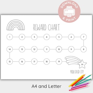 Puede incluir: Un gráfico de recompensas blanco con un arcoíris, una estrella y las palabras "Reward Chart" y "You Did It!". El gráfico tiene 20 círculos numerados conectados por líneas. El texto "A4 and Letter" está en la parte inferior. Lápices de colores en la esquina inferior derecha.