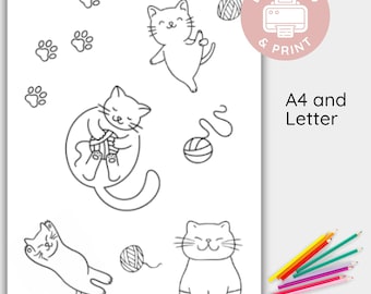Cat Coloring Page for Kids, Printable Cute Kawaii Cat Colouring, Instant Download