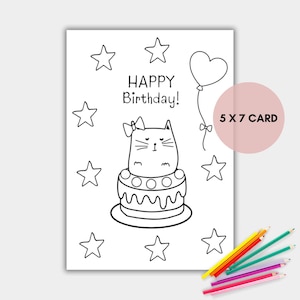 Cat Coloring Birthday Card for Kids, Printable Birthday Coloring Card, Cute Kawaii Cat Card, Instant Download