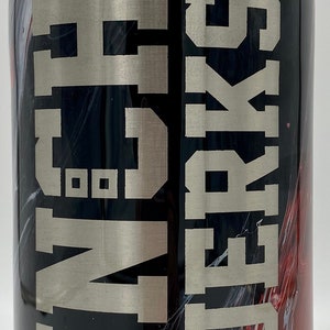 May include: A black and white marbled stainless steel water bottle with a black handle and a silver inscription that reads "BUNCH OF JERKS".