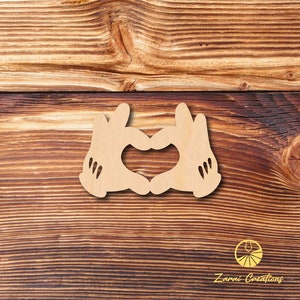 Mickey Mouse Heart Hands Cutout, Mickey Mouse and Minnie Mouse Love Hands Wood Shape, Disney Heart Hand, Laser Cut Out Unfinished Wood Shape