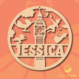 May include: A wooden round ornament featuring a silhouette of Big Ben, Peter Pan, and Tinkerbell. The name "JESSICA" is cut out below the image.