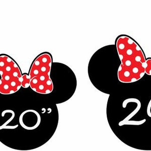 May include: Size chart for Minnie Mouse ears with red and white polka dot bows. The ears are available in 12", 16", 20", 24", and 28" sizes.