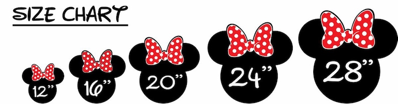 May include: Size chart for Minnie Mouse ears with red and white polka dot bows. The ears are available in 12", 16", 20", 24", and 28" sizes.