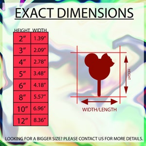 May include: A red Mickey Mouse-shaped design with a bite taken out of it, displayed with height and width measurements in inches. The text "EXACT DIMENSIONS" is at the top, with a chart showing sizes from 2" to 12".