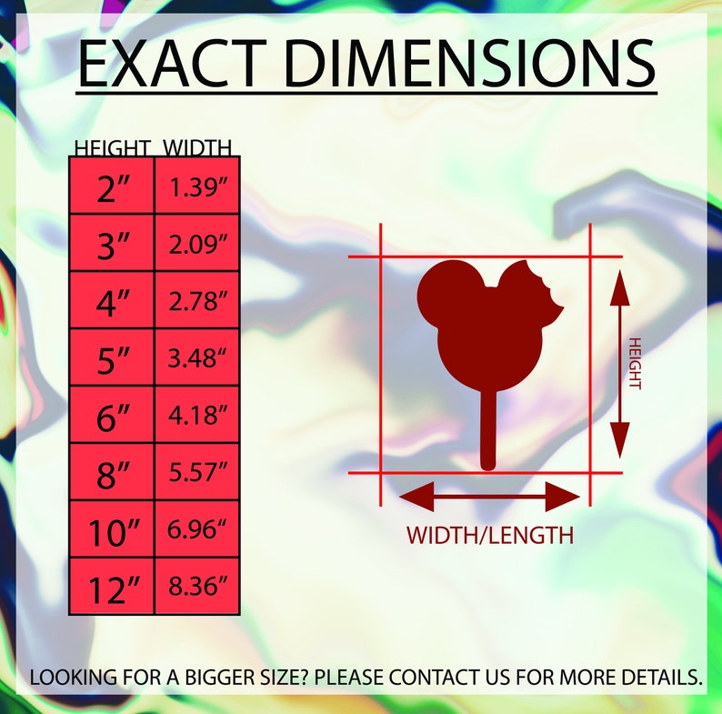 May include: A red Mickey Mouse-shaped design with a bite taken out of it, displayed with height and width measurements in inches. The text "EXACT DIMENSIONS" is at the top, with a chart showing sizes from 2" to 12".