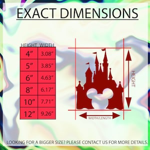 K&ouml;nnte beinhalten: Eine Tabelle mit den genauen Abmessungen eines Disney-Schlossesilhouetten-Aufklebers in Zoll. Der Aufkleber zeigt ein Schloss mit einem Mickey-Mouse-Kopf-Ausschnitt. Die Tabelle zeigt die H&ouml;he und Breite des Aufklebers in Zoll f&uuml;r verschiedene Gr&ouml;&szlig;en von 4 Zoll bis 12 Zoll.