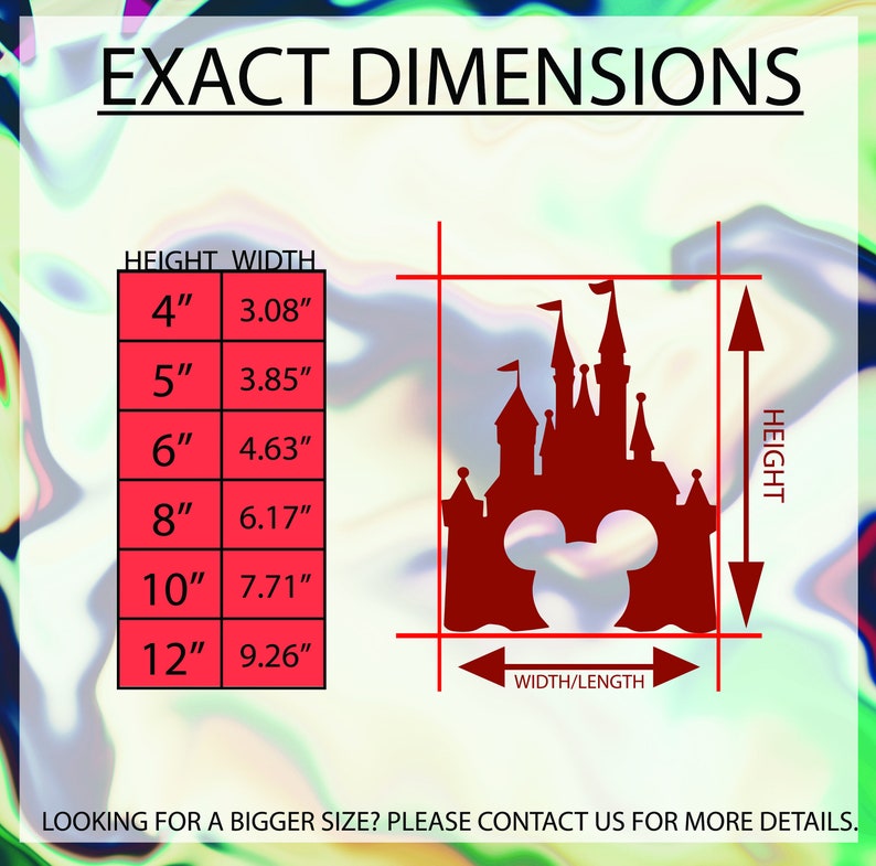 K&ouml;nnte beinhalten: Eine Tabelle mit den genauen Abmessungen eines Disney-Schlossesilhouetten-Aufklebers in Zoll. Der Aufkleber zeigt ein Schloss mit einem Mickey-Mouse-Kopf-Ausschnitt. Die Tabelle zeigt die H&ouml;he und Breite des Aufklebers in Zoll f&uuml;r verschiedene Gr&ouml;&szlig;en von 4 Zoll bis 12 Zoll.