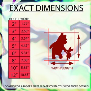 May include: A chart showing the exact dimensions of a Winnie the Pooh and Piglet silhouette decal in inches. The chart shows the height and width of the decal in inches for different sizes, ranging from 2 inches to 12 inches.