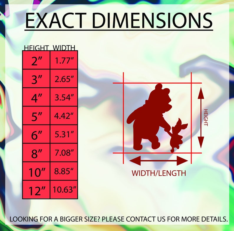 May include: A chart showing the exact dimensions of a Winnie the Pooh and Piglet silhouette decal in inches. The chart shows the height and width of the decal in inches for different sizes, ranging from 2 inches to 12 inches.