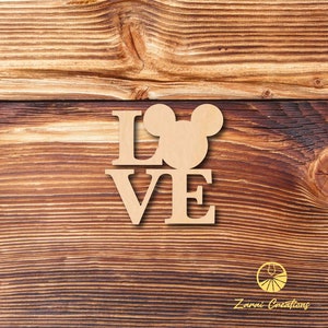 Mickey Mouse Love Shape, Love Laser Cut out Unfinished Wood Shape Craft, Mouse Head Shape, Mouse Love Cutouts, Love with Mickey Mouse Ears