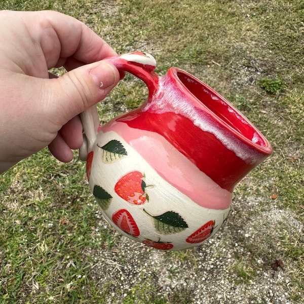 Strawberrys and cream with strawberry transfers wheel thrown hand painted red pink and white stoneware ceramics USA made coffee tea  #333