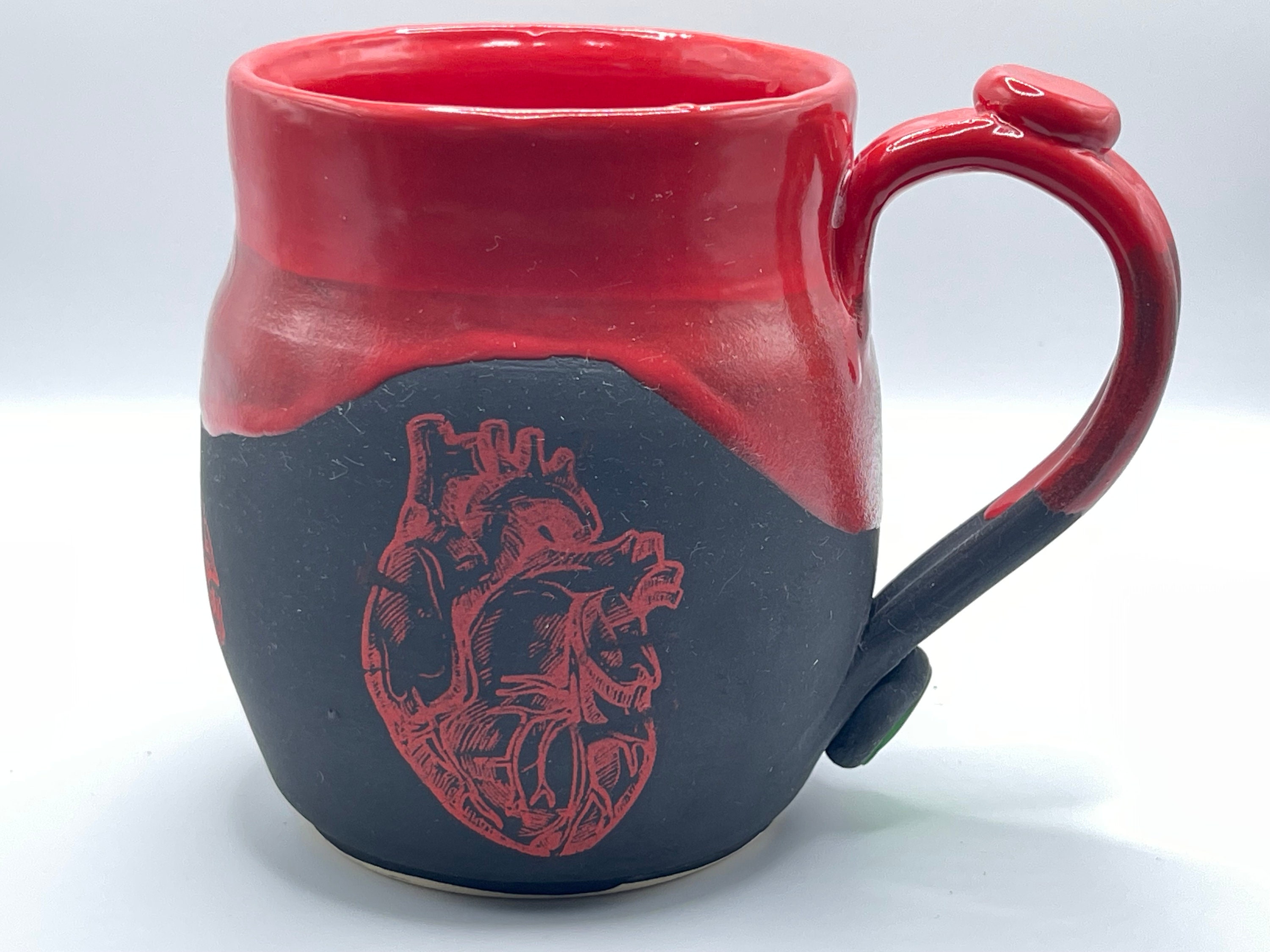 Hand Painted Stoneware Coffee Mug: Red Skull Heart Brain Decals
