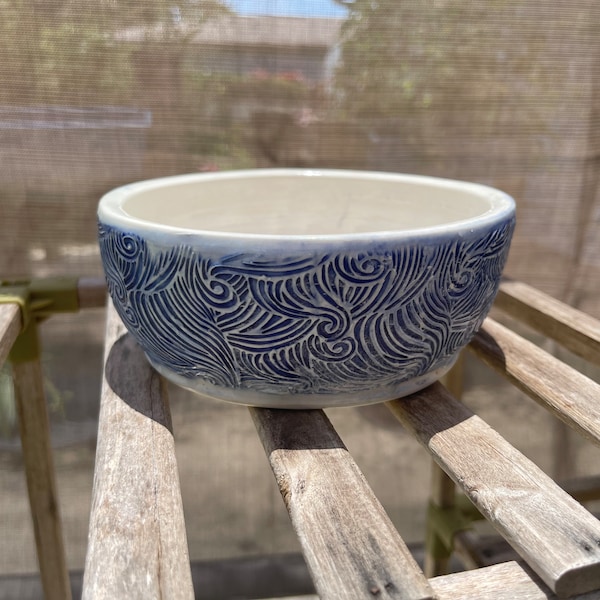 Blueand white wave/wind textured Pet Bowl  Hand thrown ceramic stoneware made in USA  food safe