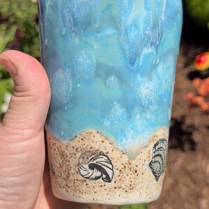 Ocean Beach Sipper – Handmade Coastal Stoneware Tumbler | Shell Sand Ceramic Cup | Layered Blue Glaze Pottery