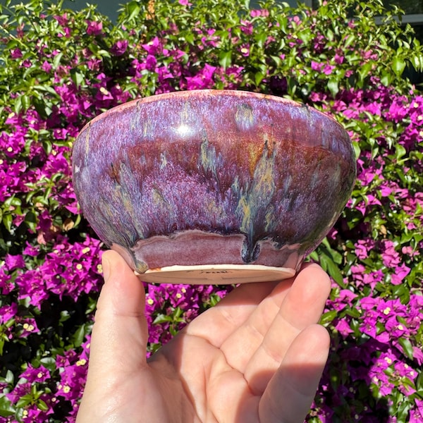Small Wheel thrown hand painted stoneware ceramic bowl glazed with purple/burgundy with black crystal bursts inside and out USA #Apr26