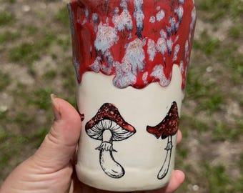 Red Crystalline Glaze Mushroom Travel Mug – Handmade Stoneware Coffee Cup, Woodland Pottery