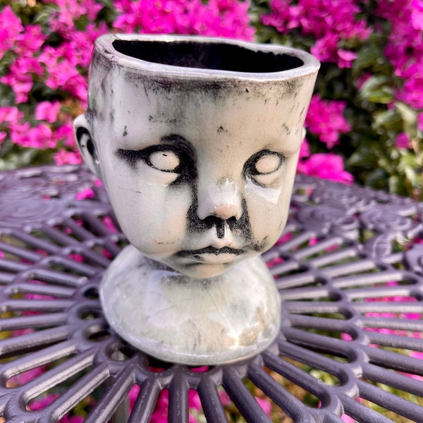 Creepy baby head planter **Martha** gray hand built *slight flaw* hand painted made in USA