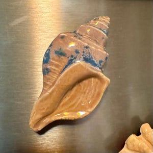 May include: A ceramic seashell sculpture in shades of brown, tan, and blue. The shell has a spiral shape with a textured surface and a glossy finish. Small yellow accents are visible on the shell's surface. The sculpture is a decorative item.