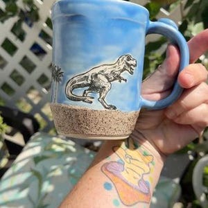Handmade 21oz Dinosaur Mug 6 inch Saucer Set | Stoneware with Volcano, Palm Trees & Prehistoric Landscape | Jurassic-Inspired Pottery