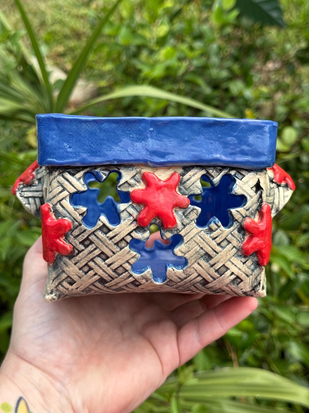 Handmade Berry Basket Ceramic Stoneware Red Blue Flowers on Lattice
