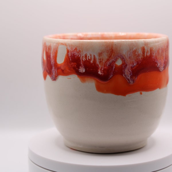 Set of two Red white orange Strawberry n' cream drippy rocks tumbler wheel thrown hand painted USA made ceramic stoneware food safe glaze