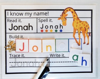 Dry Erase Name Mat, Montesorri Activity to Learn to Spell and Write Name for preschool and kindergarten