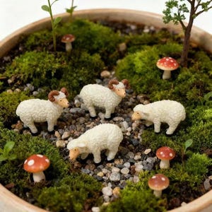 Könnte beinhalten: Vier Miniatur-Schaf-Figuren in Weiß mit strukturierter Wolle und braunen Hörnern oder Ohren, angeordnet auf einem Bett aus grünem Moos und kleinen grauen Kieselsteinen. Mehrere kleine rot-weiß gepunktete Pilzornamente sind verteilt.