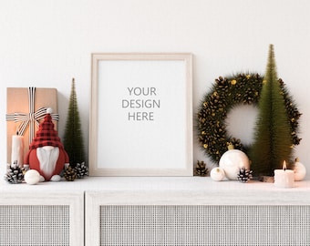 Christmas mockup, vertical digital frame mockup, new year, mockup in interior, wooden frame mockup, holiday mockup, PSD, frame 4x5 ratio