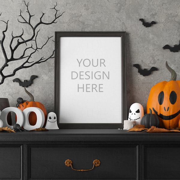 Vertical digital frame mockup, halloween frame mockup, mockup in interior, fall mockup, art print mockup, poster mockup, PSD, frame A2 ratio