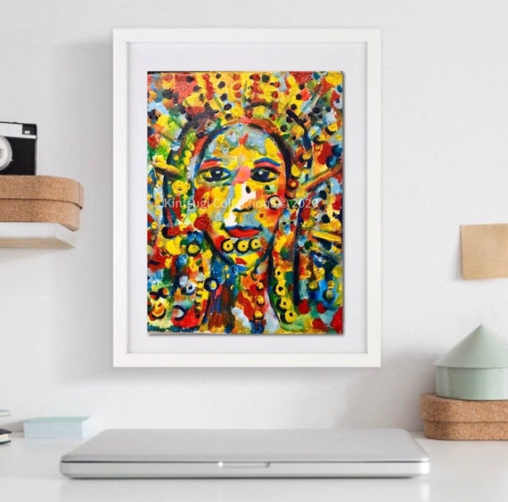 Happiness | Woman Smiling Through a Rainbow | Vibrant Colorful Wall Art |  Original Painting | Polka Dot Decor | Home Office | Unique Gift