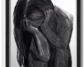 Despair | Woman with Head in Hands | Black & White Illustration | Charcoal Pencil Drawing | Original Art | Mourning | Home Office Decor