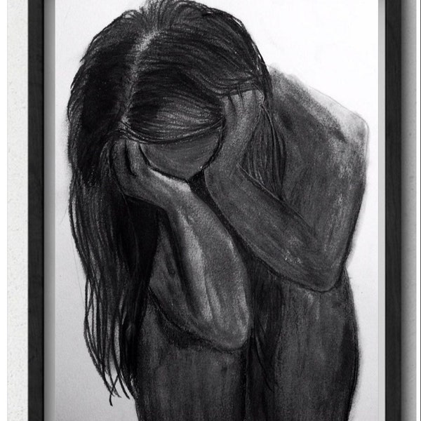 Despair | Woman with Head in Hands | Black & White Illustration | Charcoal Pencil Drawing | Original Art | Mourning | Home Office Decor