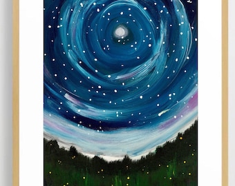 Hope | Starry Night Sky & Forest | Firefly Art Print | Nature Nursery Decor | Douglas Fir Tree Painting | Original Art | Smoky Mountains