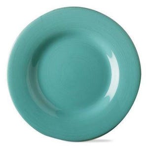 May include: A round, turquoise-colored ceramic plate with a slightly raised rim. The plate has a smooth, glossy finish and a subtle, textured pattern. The plate is designed for serving food.