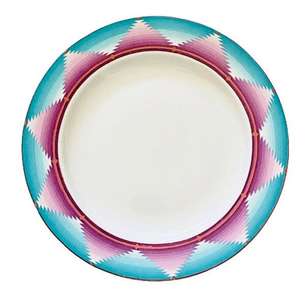 4 dinner PLATES / FURIO contemporary casuals  / white magenta purple blue turquoise / SOUTHWESTERN southwest zig zag / vintage replacement